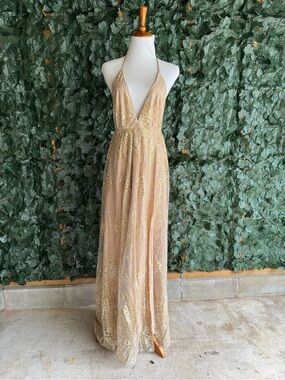 Beginning Boutique Gold Halter Sequin Prom Gown  size 10